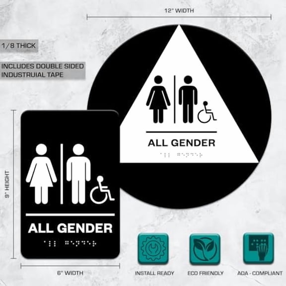 Factory Crafts | Self Stick ADA all gender Bathroom sign Restroom Sign with Handicap Symbol| ADA and CA Title 24 compliant with Braille | Black/White | Made in USA