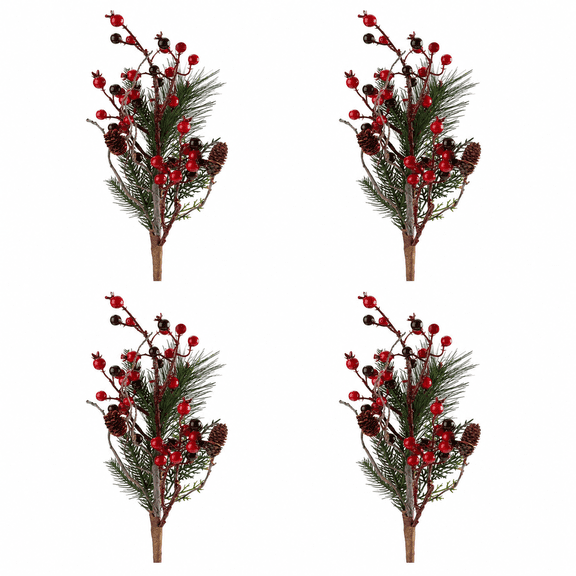 Factory Direct Craft Artificial Pine and Berry Sprays, Set of 4, 16 Inch Christmas Floral Picks