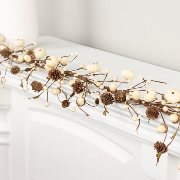 Factory Direct Craft Cream Artificial Mini Pumpkin Pip Berry and Pinecone Garland, 52 Inch Fall Harvest Garland