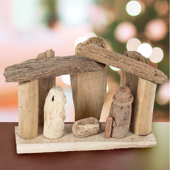 Factory Direct Craft Driftwood Christmas Nativity Scene, 7.5 Inch Natural Wood Manger Dcor