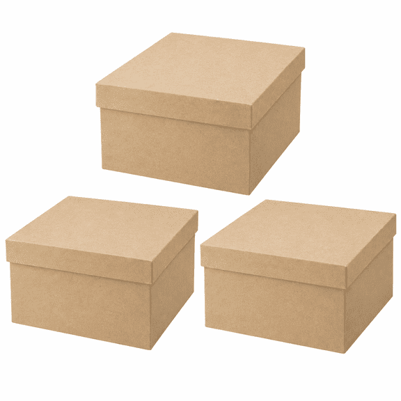 Factory Direct Craft Premade Square Paper Mache Kraft Boxes with Lids, 10 inch, Set of 3