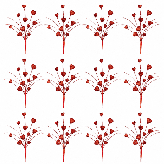 Factory Direct Craft Glitter Valentines Day Heart Picks, Set of 12, 12 Inch Red Heart Floral Stems