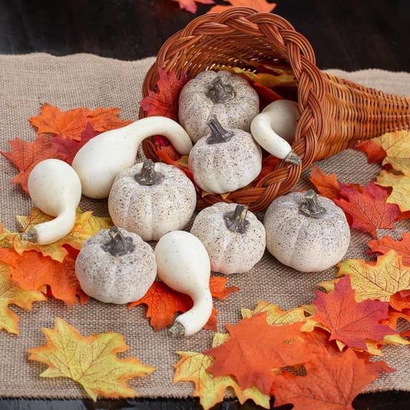Factory Direct Craft Thanksgiving Cornucopia with Cream Faux Pumpkins, Gourds and Fall Maple Leaves, 1 Arrangement, 12 inch