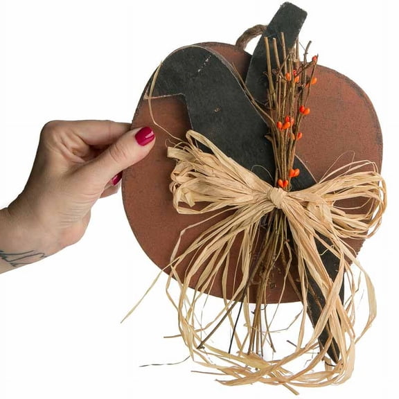 Factory Direct Craft Wooden Primitive Pumpkin and Crow Wall Hanger with Raffia