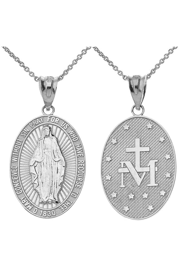 925 Sterling Silver Necklace, Miraculous Medal of Blessed Virgin Mary Catholic Charm Pendant, Silver Chain, 16"