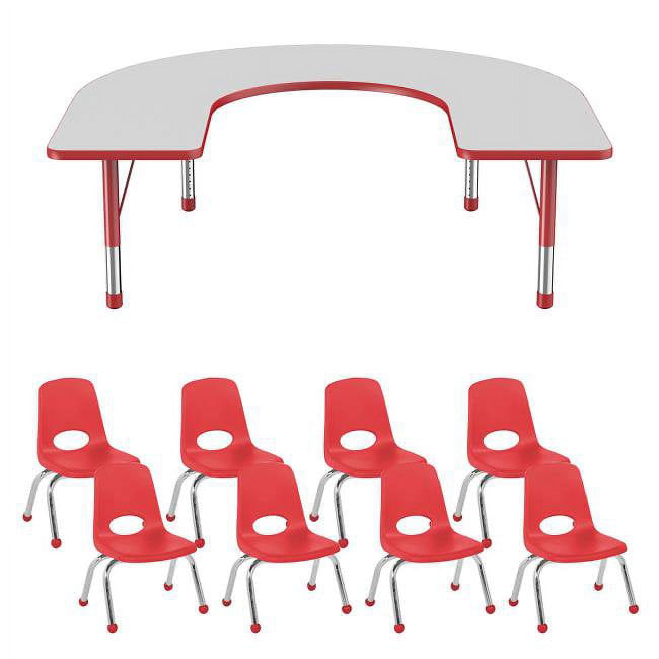 Factory Direct Partners 10265-GYRD 60 x 66 in. Horseshoe T-Mold Adjustable  Activity Table Chunky Leg with 8 Stack Chairs 10 in. Ball Glide - Grey &  Red 