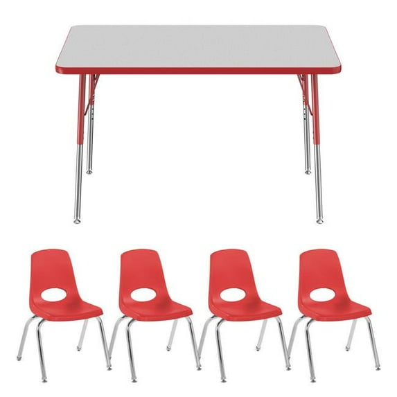 FDP Rectangle Activity School and Office Table (30 x 48 inch), Gray Top and RedEdge, Standard Legs with Swivel Glides and Four 14 inch Red School Stack Chairs