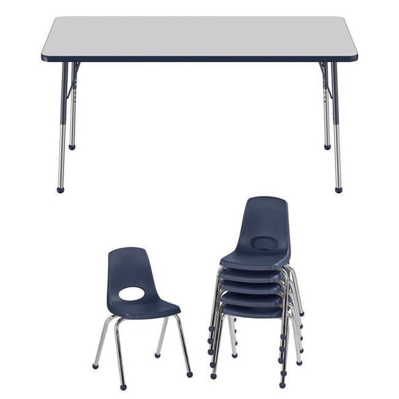 Factory Direct Partners 10301-GYNV 30 x 60 in. Rectangle T-Mold Adjustable Activity Table Standard Ball with 6 Stack Chairs 16 in. Ball Glide - Grey & Navy