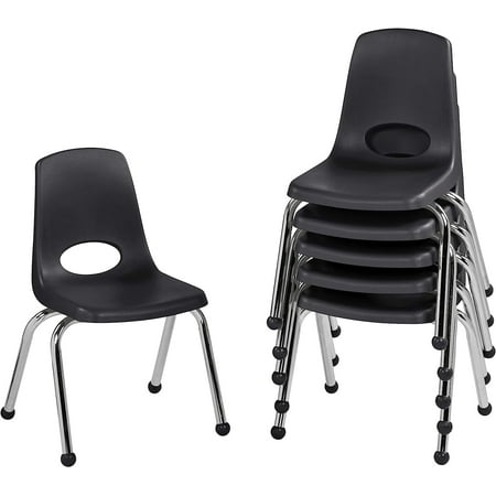 Factory Direct Partners 14" School Stack Chair, Stacking Student Seat with Chromed Steel Legs and Ball Glides for in-Home Learning or Classroom - Black (6-Pack)