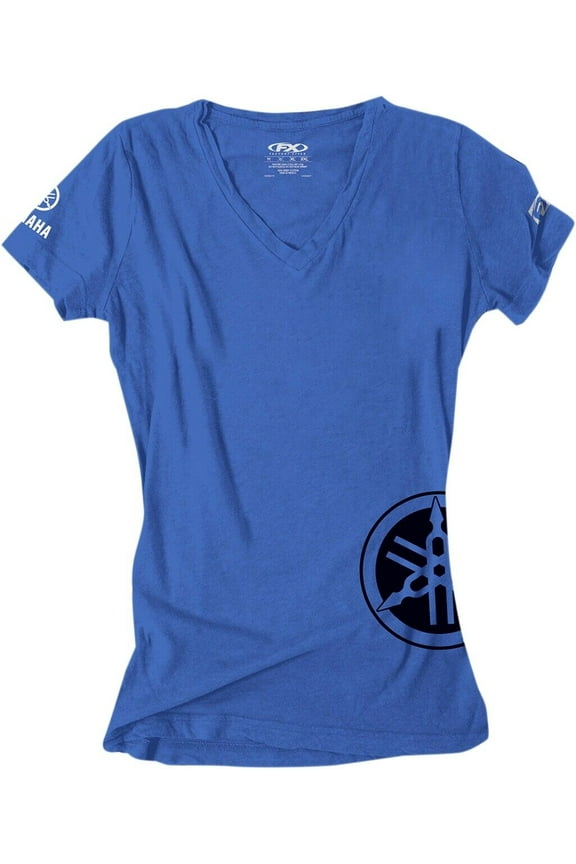 Logo Womens V-Neck Short Sleeve Shirt Yamaha Blue/Black MD