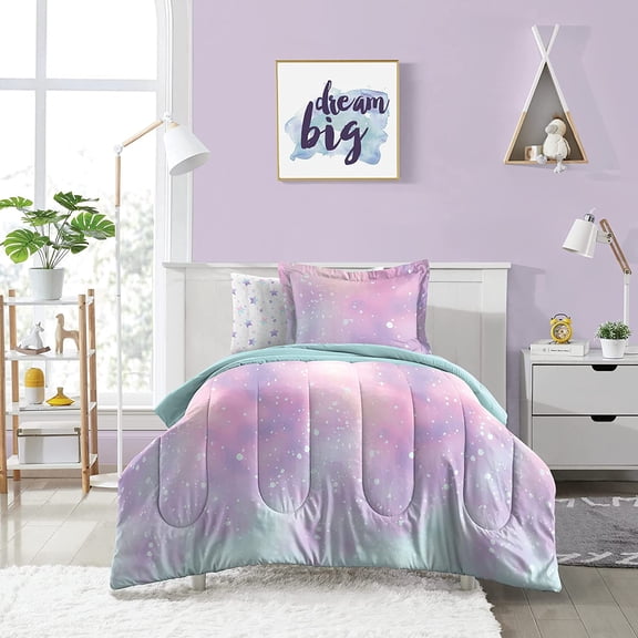 Factory Kids 5-Piece Complete Bed Set Easy-Wash Super Soft Microfiber Comforter Bedding, Twin, Pink Twilight Galaxy Stars