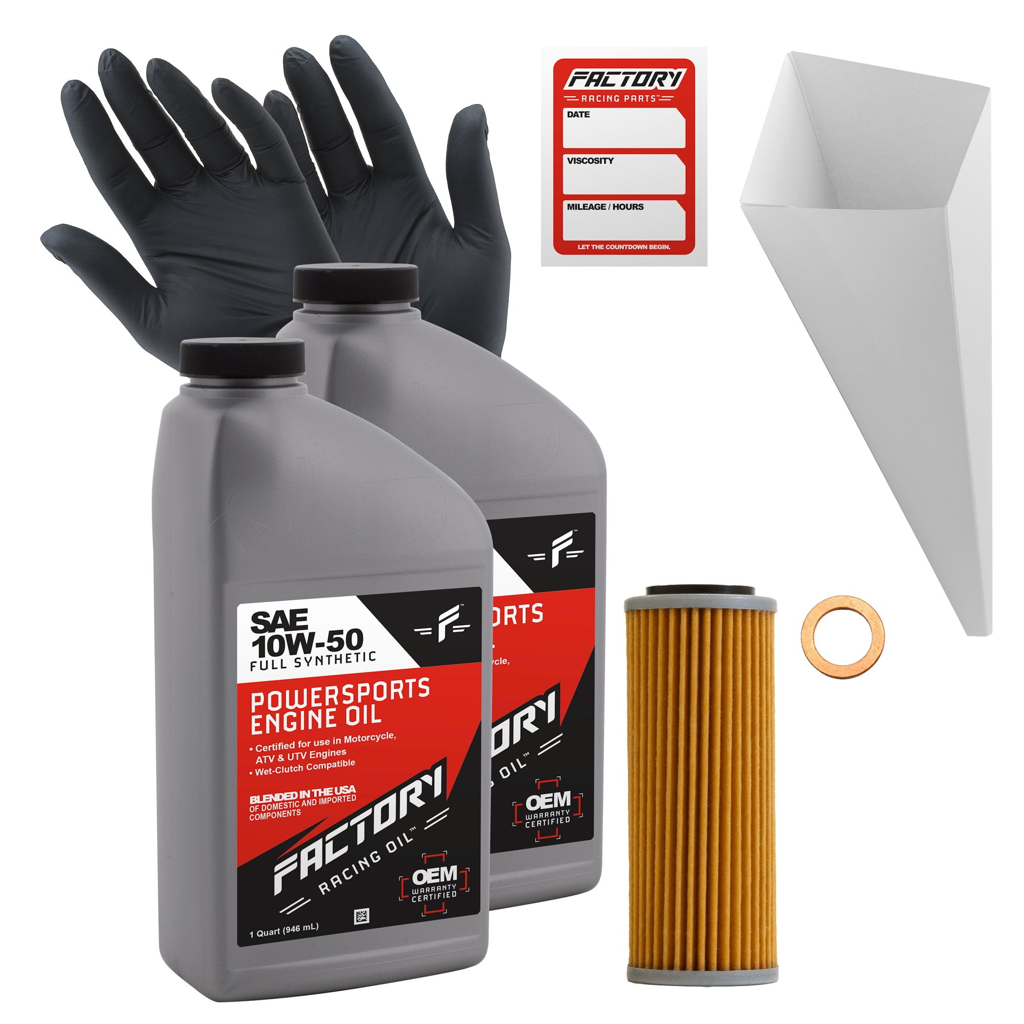 Factory Racing Parts 10W50 Oil Change Kit compatible with Husqvarna FC250/350/450, FE25/350/501, GasGas MC250/450F, EX250/350/450F, KTM 250 350 450 SX-F, XC-F, 450 SMR - 2 Quarts