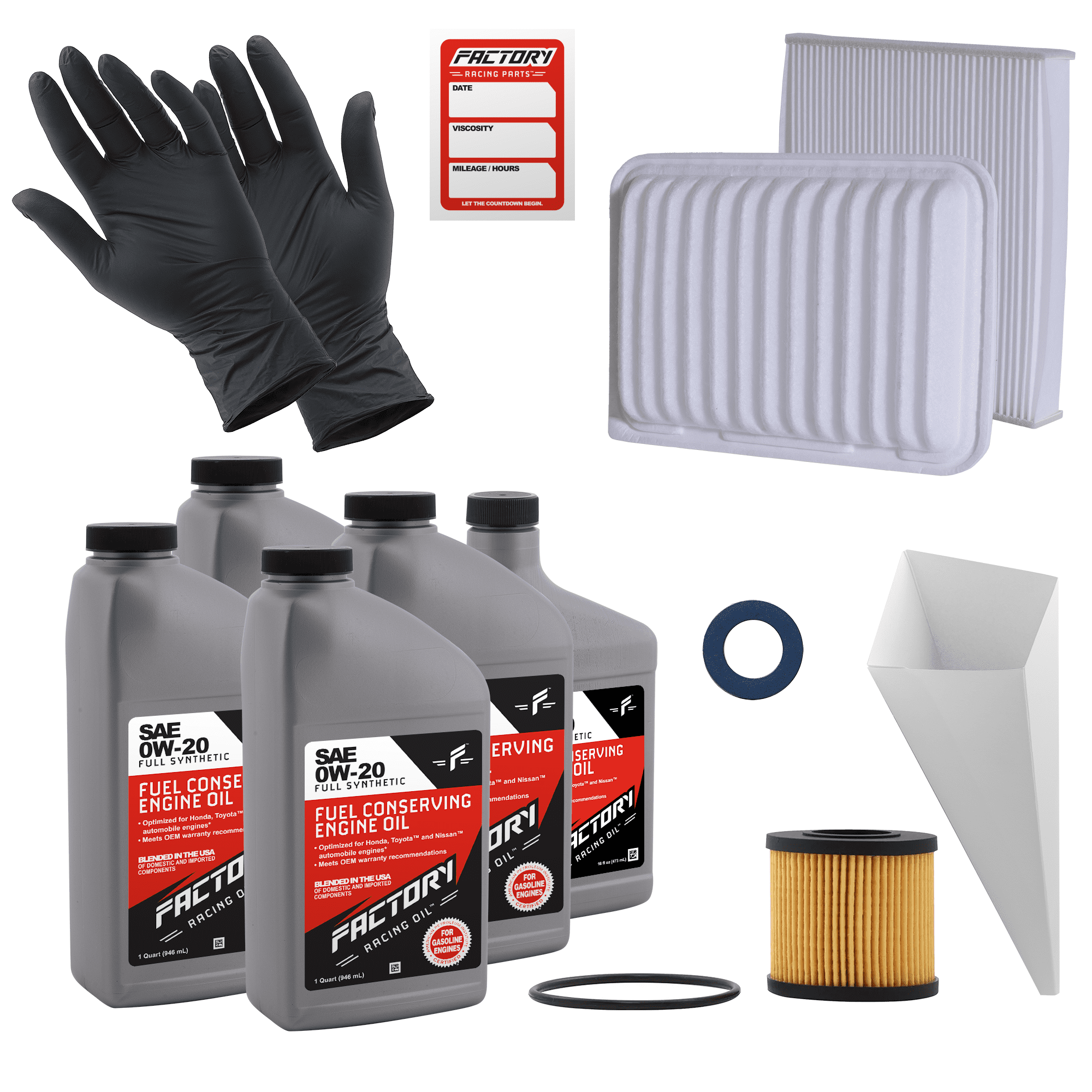 Factory Racing Parts Deluxe Oil Change Kit Compatible with Toyota Matrix 1.8L 2009-2014, Corolla 1.8L 2009-2016 0W-20 Full Synthetic - 4.5 Quarts