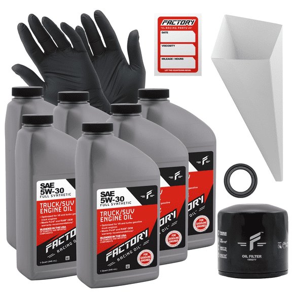 Factory Racing Parts Oil Change Kit Compatible with Ford Bronco, Crown Victoria, E150 E250 E350, Expedition, Explorer, F150 F250 F350 F450, Freestyle, Mustang, Ranger, Taurus 5W-30 Oil - 6 Quarts
