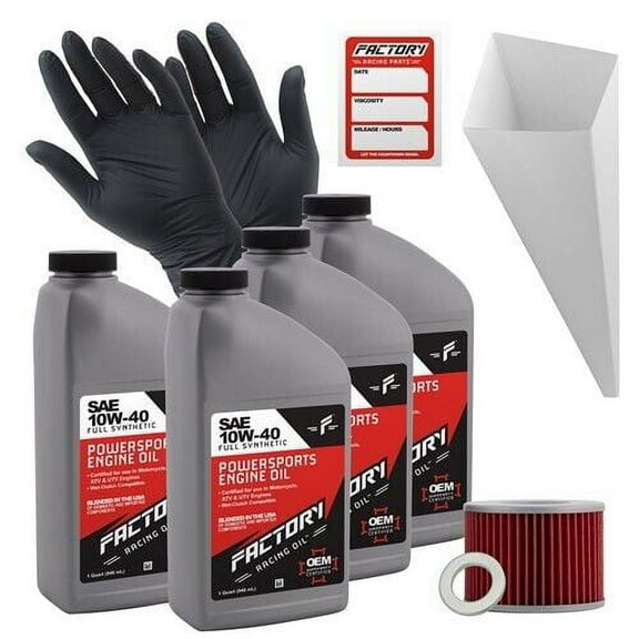 Factory Racing Parts Oil Change Kit compatible with Honda CB400F, CB500, CB500F, CB550F  Includes 4 Quarts of 10W-40 Full Synthetic Oil, 1 Filter, 1 Crush Washer, 1 Funnel, 1 Oil Change Sticker