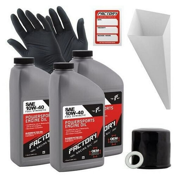 Factory Racing Parts Oil Change Kit compatible with Honda CB500F CBR500R CMX500 CBR600RR CB650R Includes 3 Qts of 10W-40 Full Synthetic Oil, 1 Filter, 1 Crush Washer, 1 Funnel, 1 Oil Change Sticker