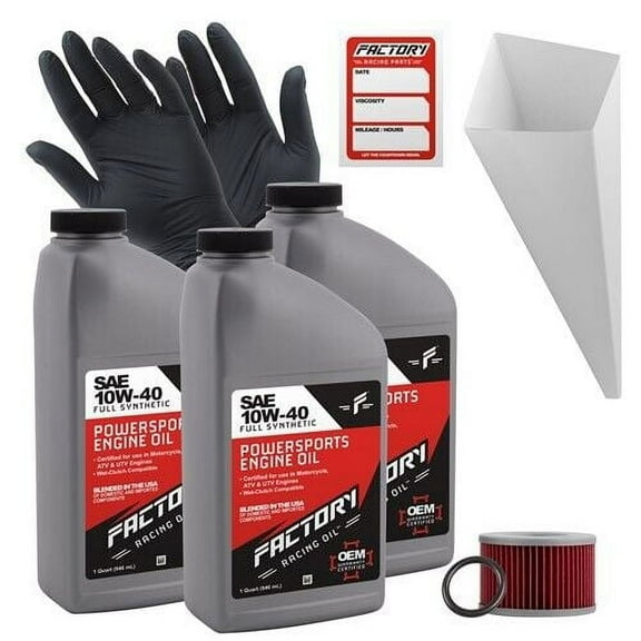 Factory Racing Parts Oil Change Kit compatible with Honda CM450A Custom 1982-1983 Includes 3 Quarts of 10W-40 Full Synthetic Oil, 1 Filter, 1 Crush Washer, 1 Funnel, 1 Oil Change Sticker