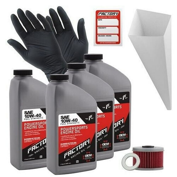 Factory Racing Parts Oil Change Kit compatible with Honda TRX420FPE Fourtrax Rancher 4x4 ES  Includes 4 Quarts of 10W-40 Full Synthetic Oil, 1 Filter, 1 Crush Washer, 1 Funnel, 1 Oil Change Sticker