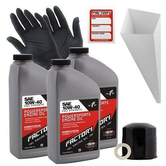 Factory Racing Parts Oil Change Kit compatible with Honda VT500FT, VT500C, VT750C, VT800 Includes 3 Quarts of 10W-40 Full Synthetic Oil, 1 Filter, 1 Crush Washer, 1 Funnel, 1 Oil Change Sticker