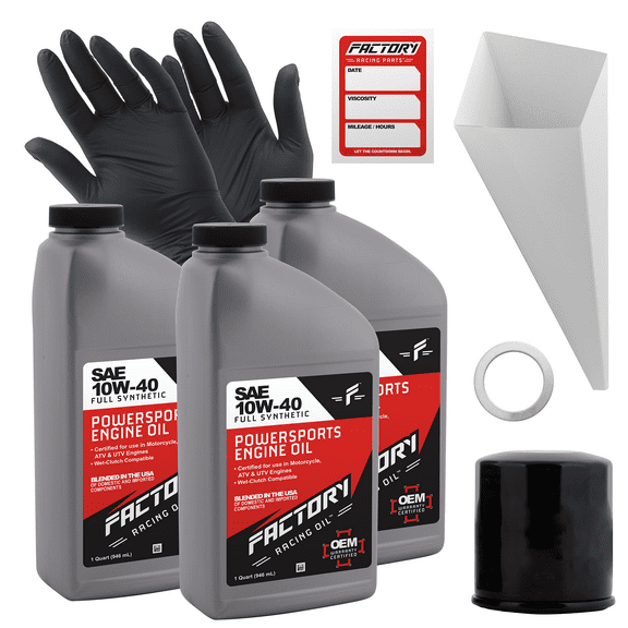 Factory Racing Parts Oil Change Kit compatible with Kawasaki Prairie, VN1500, ZX1200 – Includes 3 Quarts of SAE 10W-40 Full Synthetic Oil, 1 Filter, 1 Crush Washer, 1 Funnel, 1 Oil Change Sticker