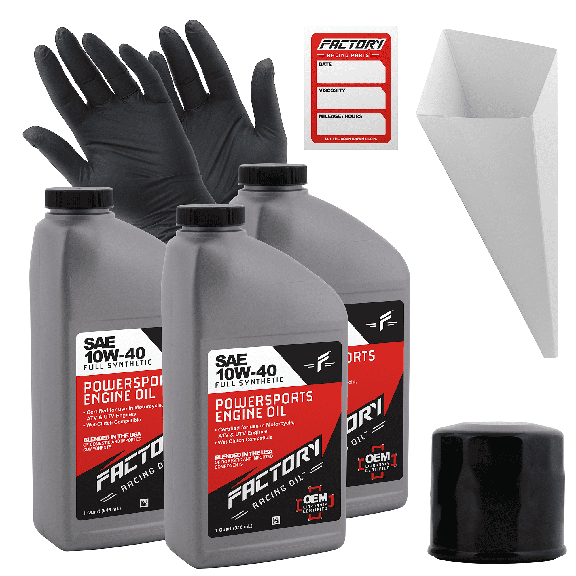 Factory Racing Parts Oil Change Kit compatible with Yamaha Grizzly/Kodiak 450 – Includes 3 Quarts of SAE 10W-40 Full Synthetic Oil, 1 Filter, 1 Funnel, 1 Oil Change Reminder Sticker