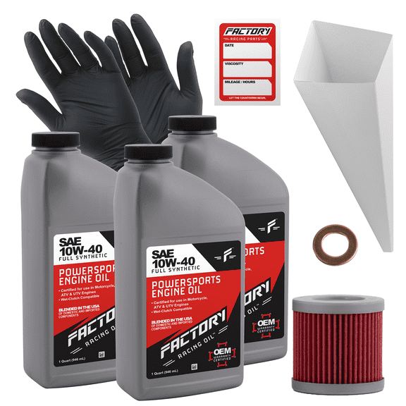 Factory Racing Parts SAE 10W-40 Full Synthetic3 Quart Oil Change Kit compatible with Suzuki Quadsport Z-400 Includes 3 Quarts of Oil, 1 Filter, 1 Crush Washer, 1 Funnel, 1 Oil Change Sticker