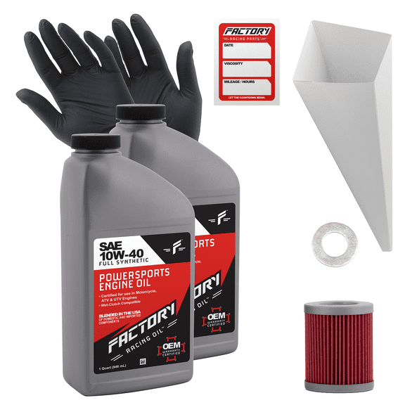 Factory Racing Parts SAE 10W-40 Full Synthetic2 Quart Oil Change Kit compatible with Suzuki Burgman 400/400S  Includes 2 Quarts of Oil, 1 Filter, 1 Crush Washer, 1 Funnel, 1 Oil Change Sticker