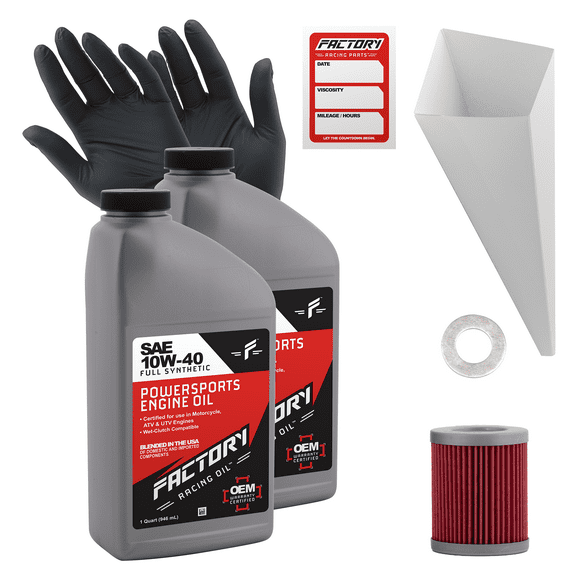 Factory Racing Parts SAE 10W-40 Full Synthetic2 Quart Oil Change Kit compatible with Suzuki Burgman 400/400S Includes 2 Quarts of Oil, 1 Filter, 1 Crush Washer, 1 Funnel, 1 Oil Change Sticker