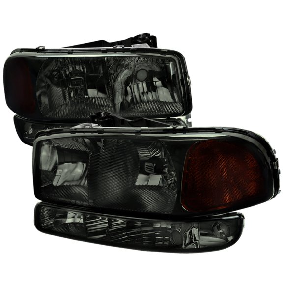 Factory Replacement Headlights w/ Amber Reflector & Bumper Lights (Chrome Housing/Smoke Lens) Made for and Compatible with 1999-2007 GMC Sierra/ 2000-2006 Yukon/Yukon XL
