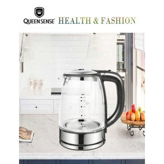[Factory Store] QUEEN SENSE SpeedBoil Cordless Electric Kettle Glass Tea, Coffee Pot 1.7 Liter Cordless with LED Light, BPA-Free with Auto Shut-Off and Boil-Dry ProtectionGK2001