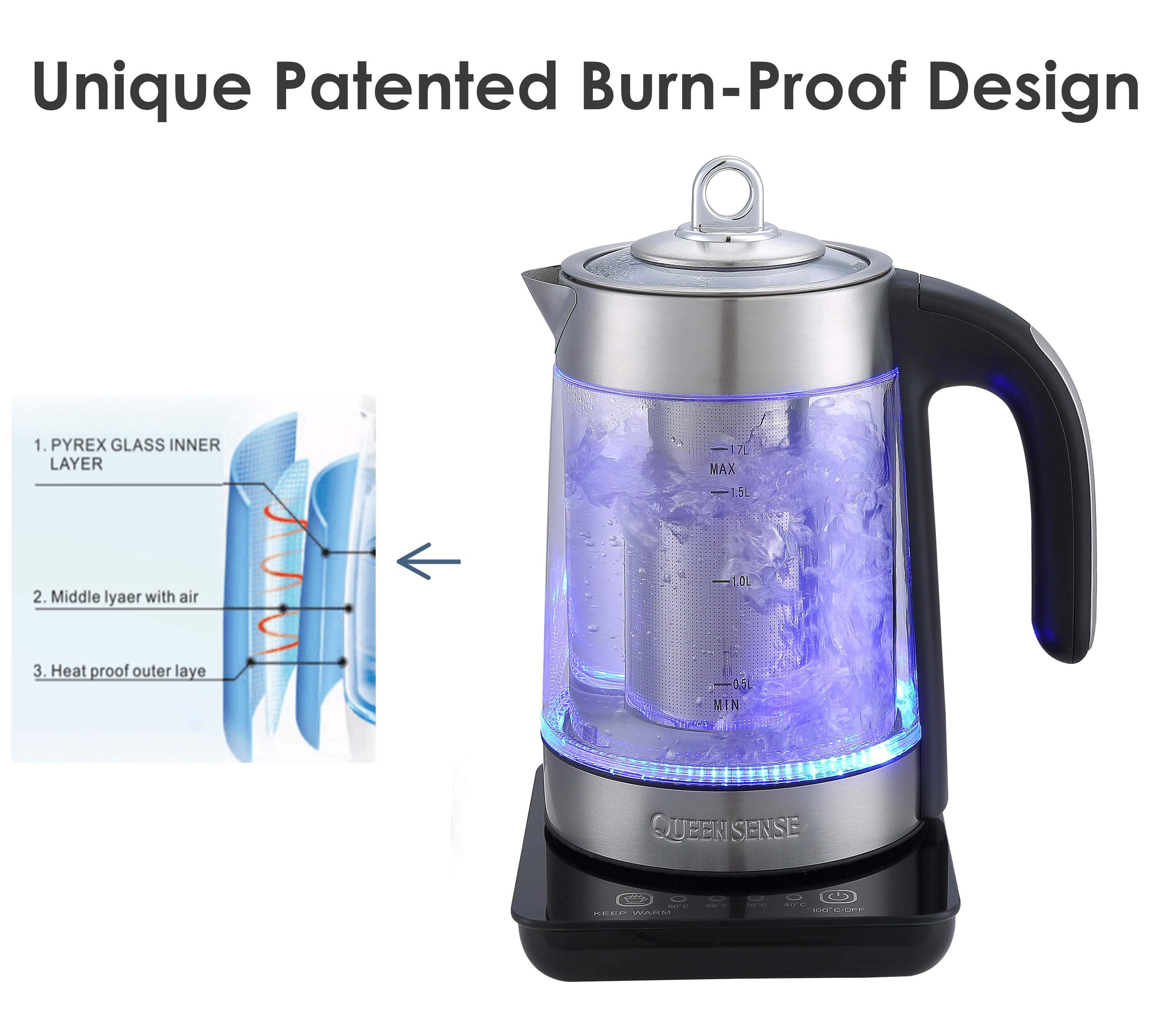 [Factory Store] QUEEN SENSE SpeedBoil Cordless Electric Kettle Glass Tea, Double Wall Coffee Pot 1.7 Liter Cordless with LED Light, BPA-Free with Auto Shut-Off and Boil-Dry ProtectionGK1501