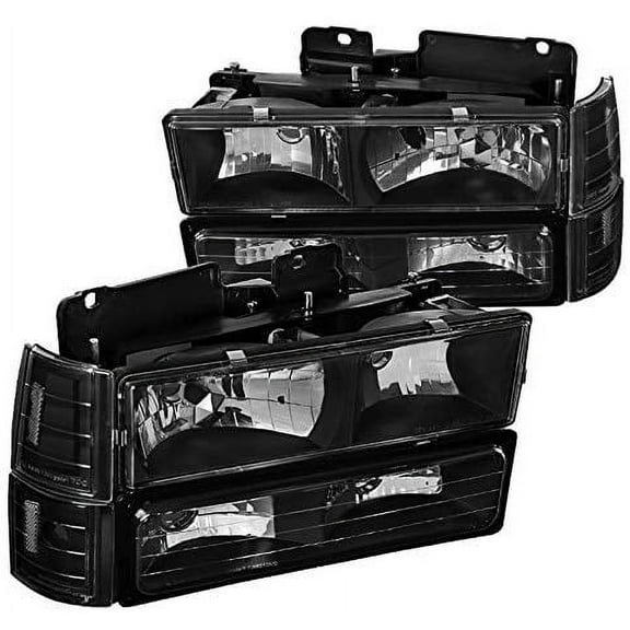 Factory Style Headlights Bumper Corner Lights Combo Black Housing Clear Lens Made For And Compatible With 1994 - 1998 GMC C/K Sierra Suburban Yukon 94 95 96 97 98
