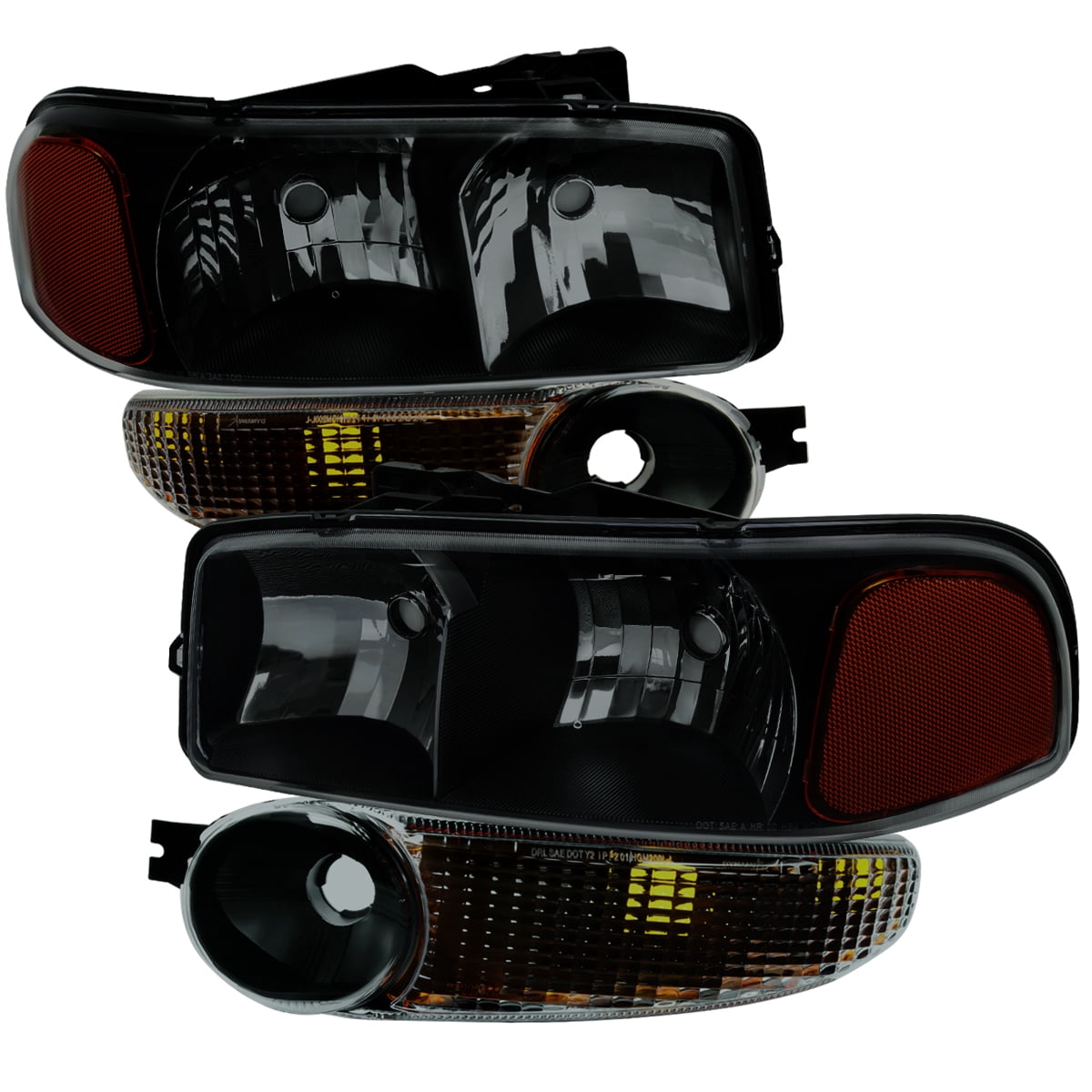 For 1999-2006 GMC Sierra 2000-2006 Yukon Headlights + Bumper Lamps Black/ Smoke