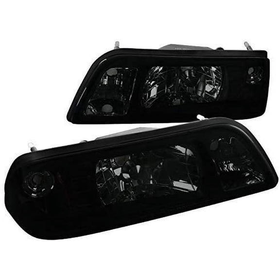Factory Style Headlights Chrome Housing Smoke Lens 1 Piece Application Made For And Compatible With 1987 - 1993 Ford Mustang Fox Body 87 88 89 90 91 92 93