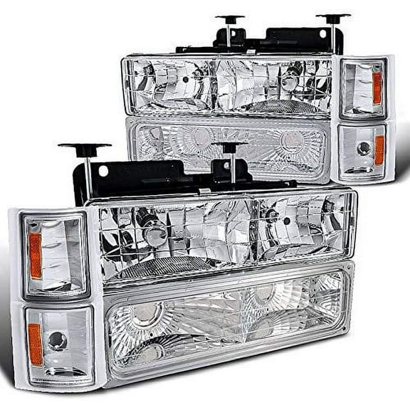 Factory Style Headlights Corners Bumper Lights Amber 8 pcs Combo Chrome Housing Clear Lens Made For And Compatible With 1994 - 1998 Chevrolet Chevy C10 CK 1500 2500 3500