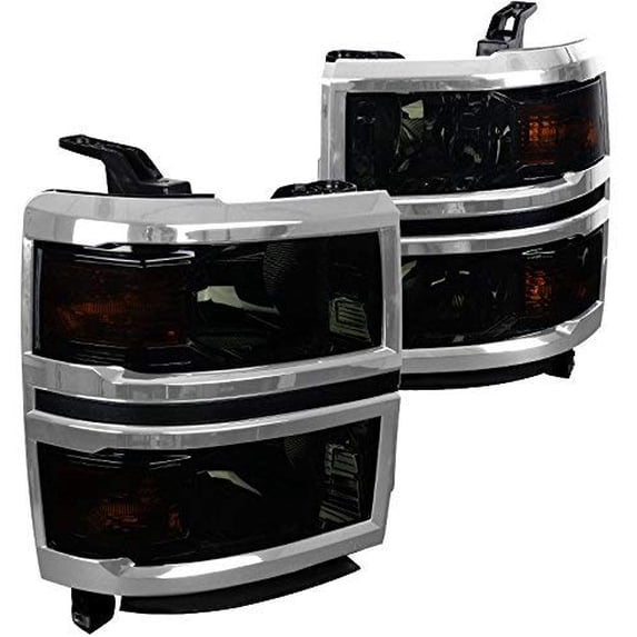 Factory Style Headlights Head Lamp Chrome Housing Smoke Lens Made For And Compatible With 2014 - 2015 Chevrolet Chevy Silverado 15 16