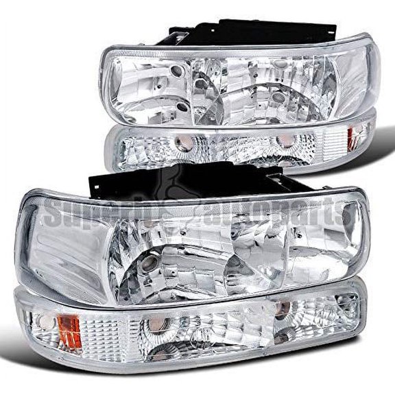 Factory Style Replacement Headlights Head Lamp Bumper Light Combo Chrome Housing Clear Lens Made For And Compatible With 1999 - 2002 Chevrolet Silverado 00 - 06 Suburban Tahoe