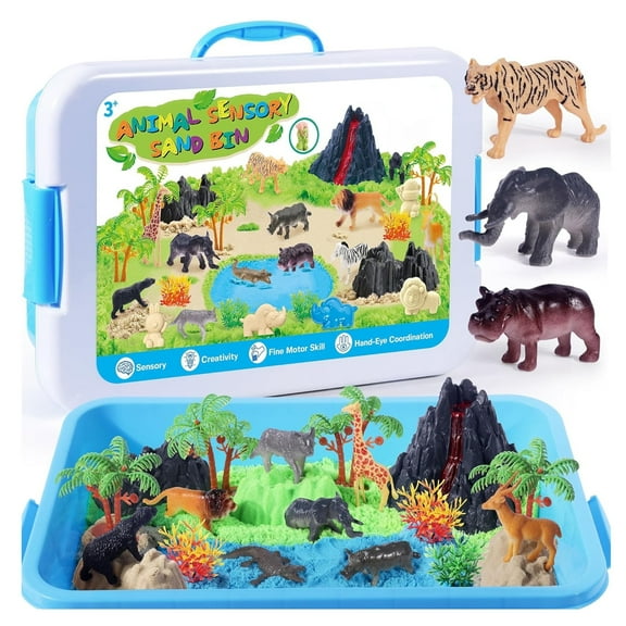 Facvoer Animals Sensory Bin Sand Toy for Toddlers, Play Sand Kit with Lid and 2.2lbs Magic Sand, Molds, Tools, Map, Set 35 pcs Total, Fun Christmas Birthday Gift for Kids 3 4 5 6 7 Years Old (Blue)