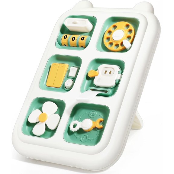 Facvoer Montessori Sensory Toys Board for 1-3 Year Olds, Baby Busy Board for Fine Motor Skills, Educational Travel Kids Toys for 1 2 3 Years Old, Christmas Birthday Gift for Boys & Girls, Green