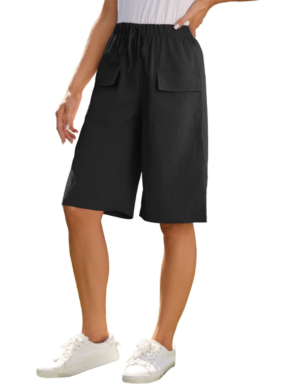 Bermuda Shorts for Women Summer Knee Length Shorts Casual Loose Drawstring Shorts with Pockets, Black L