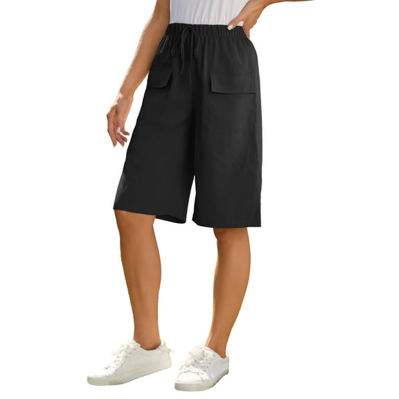 Fancyglim Bermuda Shorts for Women Summer Casual Loose Comfy Knee Length Drawstring Beach Shorts with Pockets Black XL
