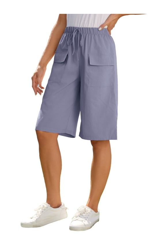 Bermuda Shorts for Women Summer Casual Loose Comfy Knee Length Drawstring Beach Shorts with Pockets Blue XL