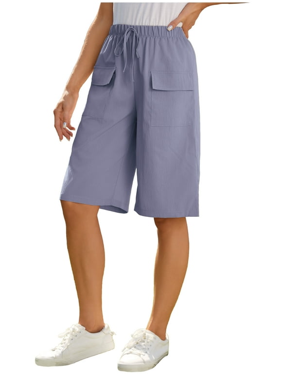 Bermuda Shorts for Women Summer Casual Loose Comfy Knee Length Drawstring Beach Shorts with Pockets Blue XL