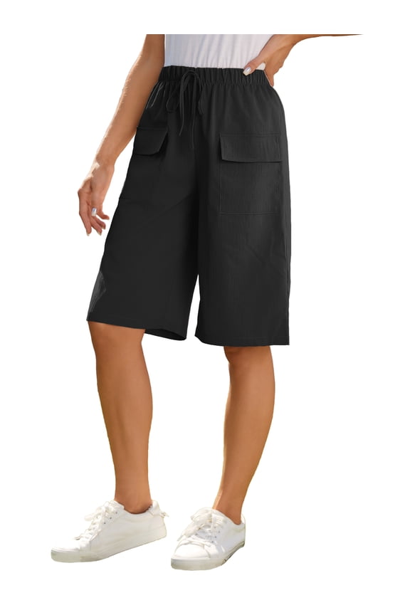 Plus Size Fancyglim Bermuda Shorts for Women Summer Knee Length Shorts Casual Loose Drawstring Shorts with Pockets, Black 4XL