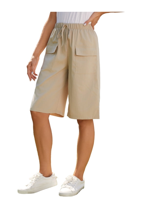 Plus Size Bermuda Shorts for Women Summer Casual Loose Comfy Knee Length Drawstring Beach Shorts with Pockets Khaki 3XL