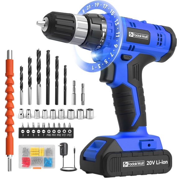 20V Cordless Drill Set with Battery & Charger, 30N.m Torque, 21 1 Settings, 3/8" Keyless Chuck, LED Light, Electric Drill Kit for Home DIY (Blue)