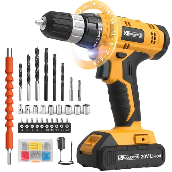 20V Cordless Drill Set with Battery & Charger, 30N.m Torque, 21+1 Settings, 3/8" Keyless Chuck, LED Light, Electric Drill Kit for Home DIY (Yellow)