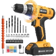 20V Cordless Drill Set with Battery & Charger, 30N.m Torque, 21+1 Settings, 3/8" Keyless Chuck, LED Light, Electric Drill Kit for Home DIY Yellow