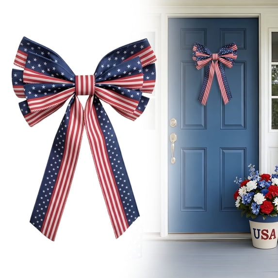 Fade-Resistant Patriotic Burlap Wreath Bow, Door Wreath Decoration Patriotic Wreath Accessory for Patriotic Holidays Fourth of July Memorial Day Veterans Day Front Door Porch Mantel Window