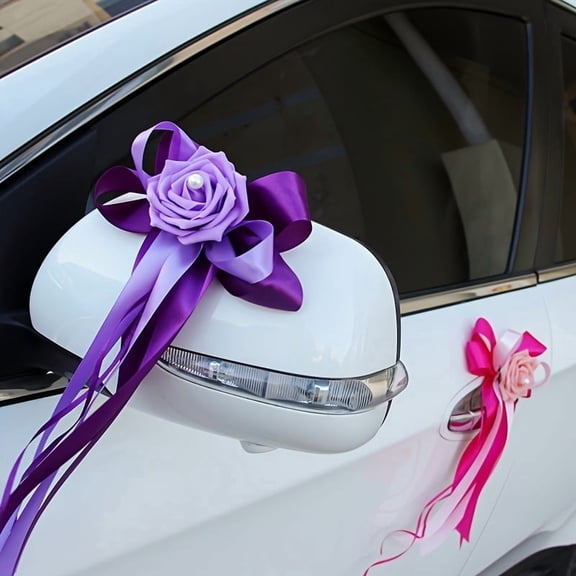 Fade-Resistant Silk Artificial Flower Car Decorations for Wedding Rearview Mirror & Door Handle Accents - Reusable Floral Picks for Vehicle Interior & Exterior, Compatible with Most Car Models